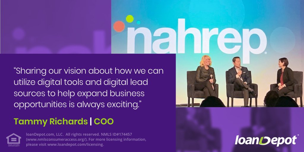 loanDepot's tweet photo. Talking tech is always fun for COO Tammy Richards, especially when it sheds light on how it can grow business. Here, Tammy shares the stage with Simon Chen, EVP, Product & Innovation at Realogy Holdings Corp. at the Real Estate & Technology Executive Townhall at #NAHREP2019 https://t.co/2Tobk3Otde