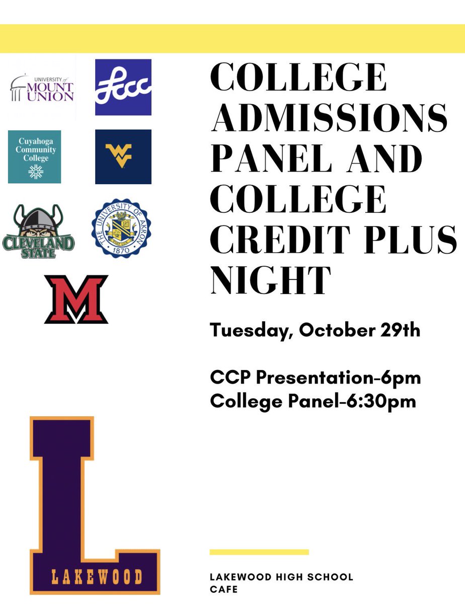 LHSCounselorOH's tweet photo. We are excited to announce our first annual College Admissions Panel Night in conjunction with our CCP Night. Please check out the flyer for additional details! https://t.co/aUegseNwoJ