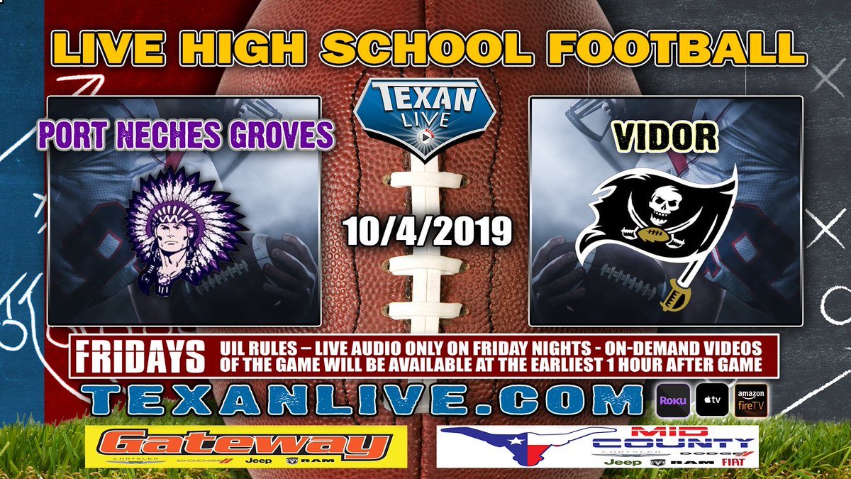 DCTXStreaming's tweet photo. 📺LIVE AUDIO BROADCAST 📺 
Port Neches Groves vs Vidor
Friday, - 10/4/2019
Coverage begins @ 7:00PM
For the LIVE link click here:  https://t.co/o7io9D0eMg
Due to UIL restrictions VIDEO will be available On-Demand 1 hour after the completion of the game

#txhsfb https://t.co/YWdE9s9ydr