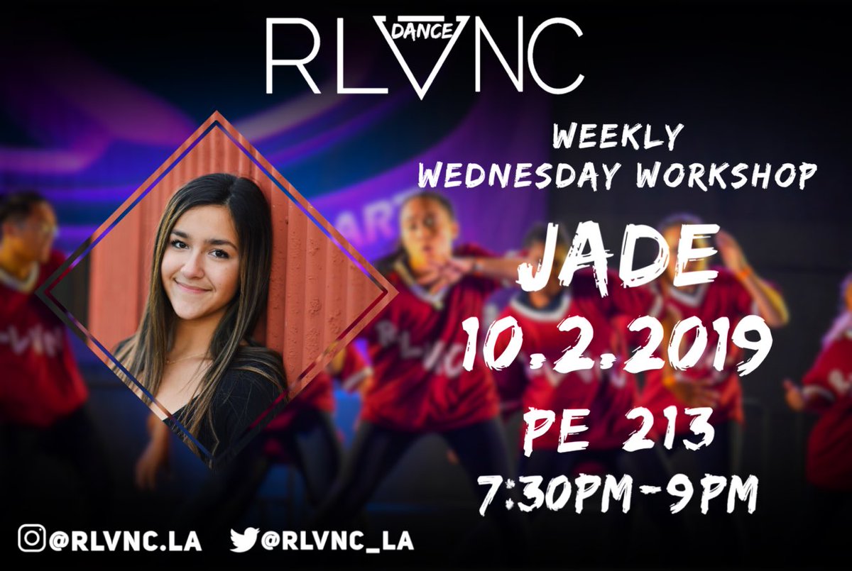 RLVNC_LA's tweet photo. Weekly Wednesday Workshop!!! Come dance with one of our newest members Jade! 
10.2.2019 😏
PE 213 👀 (upper gym)
7:30PM-9PM 👌🏼
.
.
.
.
#rlvnc #stayrlvnt #freeworkshop #weeklywednesdayworkshop #dance #free #freedanceclass #workshop #workout https://t.co/cs5EqiFr86