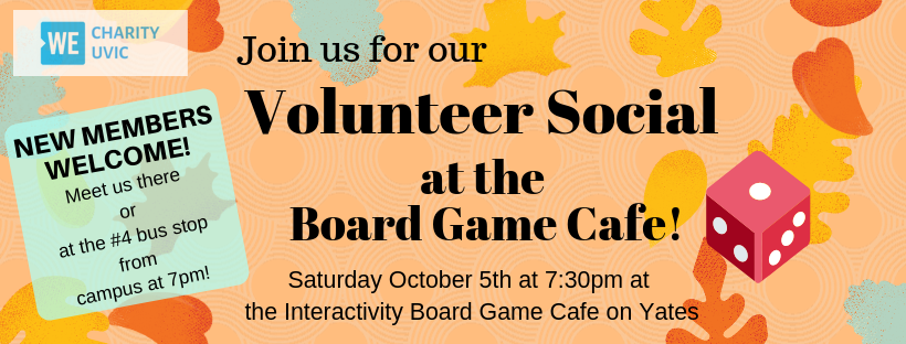 wecharityuvic's tweet photo. This Saturday (October 5th) we would like to invite you to the Interactivity Board Game Cafe for a social evening with plenty of good food, great people, and of course some quality board game action! 

See https://t.co/bMJMG0gRnp more info and to RSVP! https://t.co/lbZndebEQY