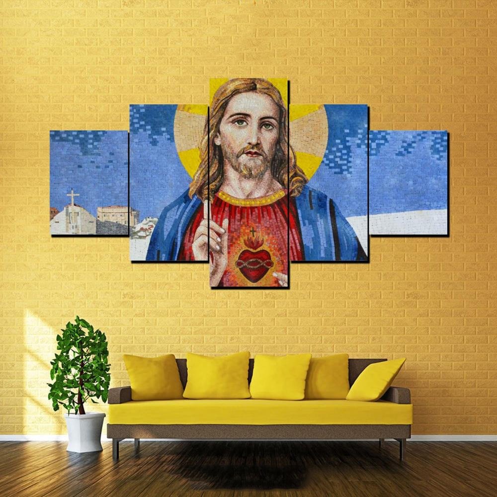 #poster 5-Piece Canvas Picture Set with Depiction of Jesus Christ and Sacred Heart