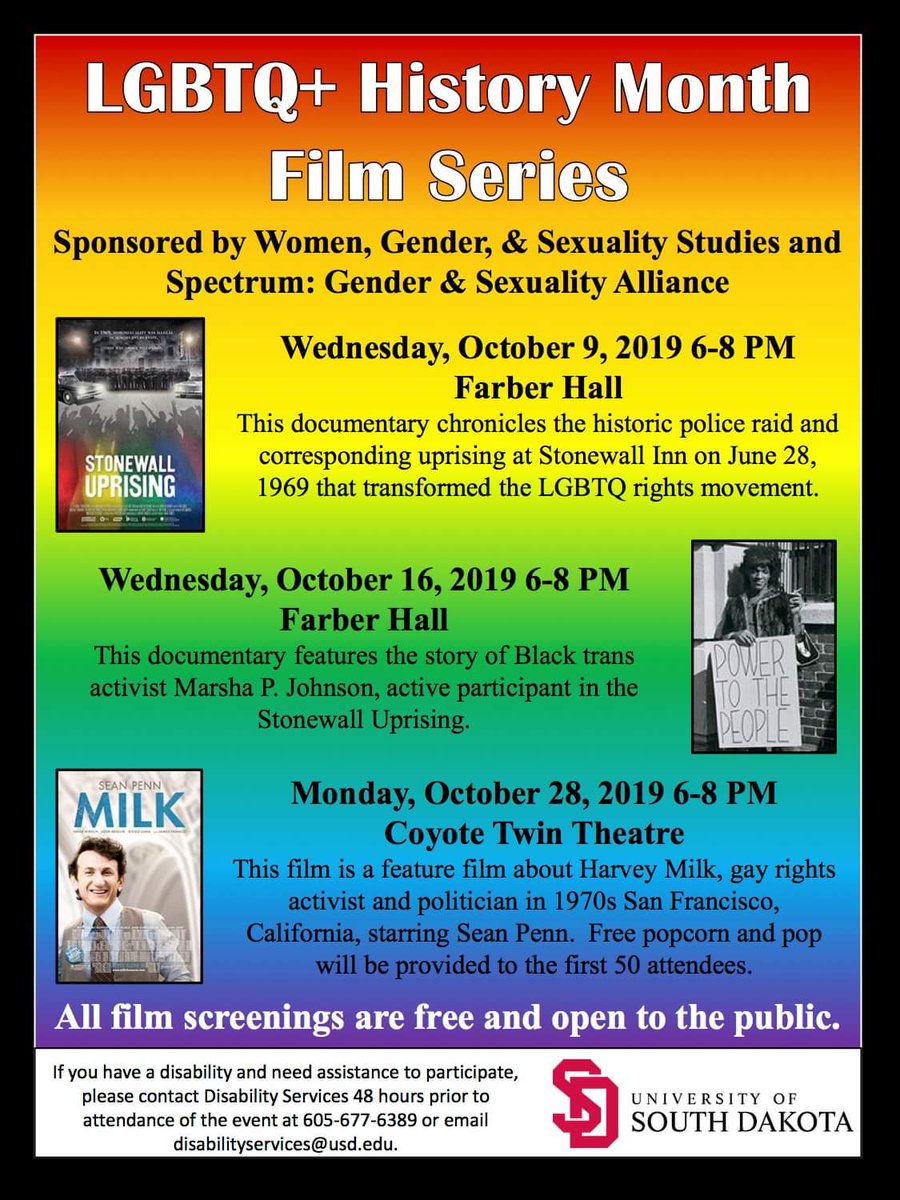 October is LGBTQ+ History Month! 2019 was the 50th anniversary of the Stonewall Uprising. Learn about this milestone and two fascinating figures in the fight for LGBTQ+ rights, Marsha P. Johnson and Harvey Milk, in our upcoming film series cohosted by <a href="/UsdSpectrum/">USD Spectrum</a>