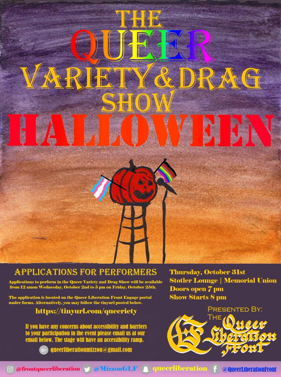 Applications for our first annual Queer Variety and Drag show (in place of the Black and Gold Drag Show held in the past) open at midnight! tinyurl.com/queeriety