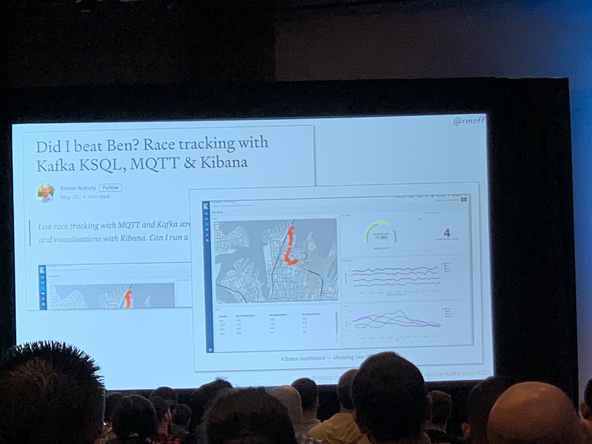 NikkiThean's tweet photo. Run and race tracking with KSQL! @rmoff #KafkaSummit #kafkasummitbridgerun https://t.co/FS8pWTzBUc