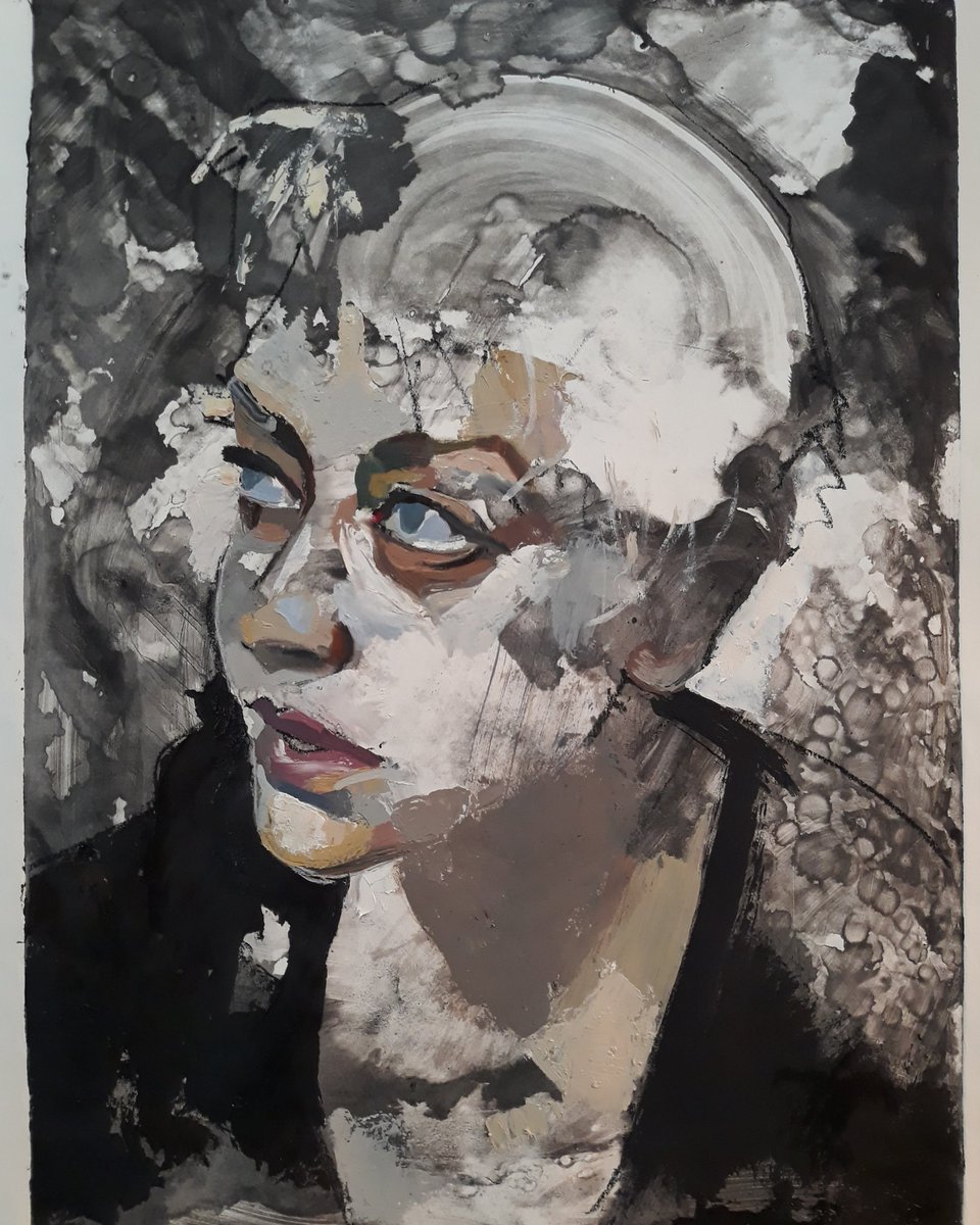 TommyBennett's tweet photo. BEG, #oilpainting over #monotype on paper #expressionistportrait #symbolism #art #painting #Abstractportrait #tombennettart https://t.co/XZ0YcJlbFW