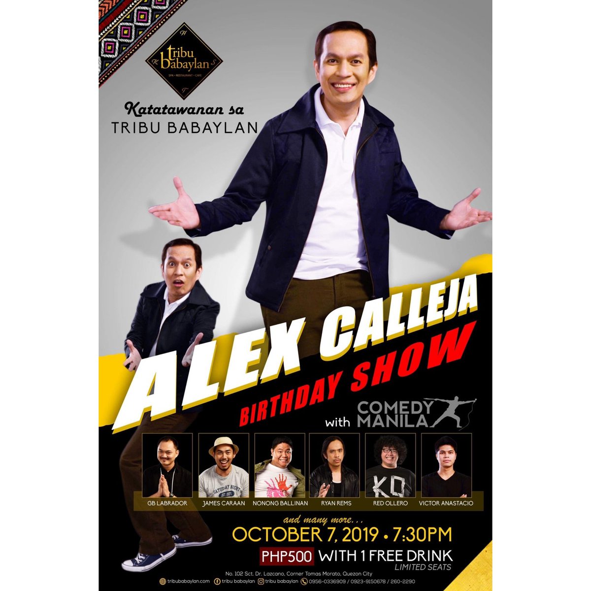 alexcalleja1007's tweet photo. birthday ko talaga is oct. 7 kaya ito talaga ang eksaktong birthday show ko! @tribubabaylan
bring gifts, cash accepted!
cement, tiles and construction materials also accepted for my house renovation! tia! :)
#comedymanila
#ilovecomedy
#bdayshow https://t.co/iWHMRZnptl