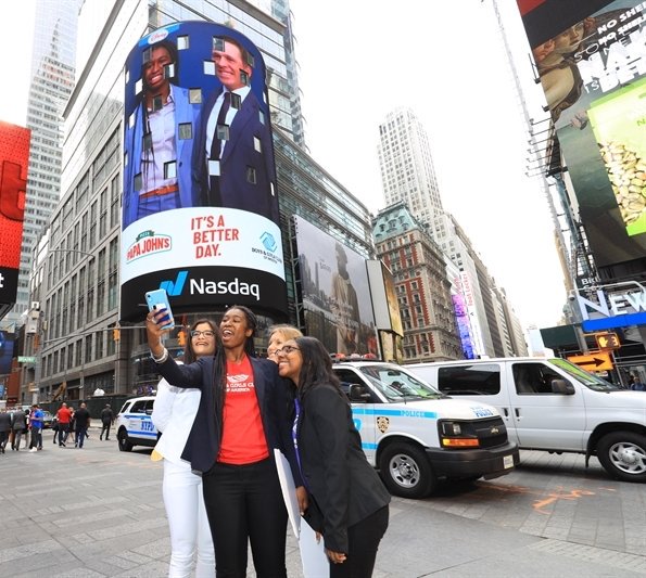 BGCSF's tweet photo. In her first week as National Youth of the Year, Sabrina had the unique opportunity to meet with Rob Lynch, CEO of @PapaJohns, as he rung the @Nasdaq opening bell this morning. She even got to see her title and photo displayed in Times Square! #BGCSF #YOY19 #NYOYSabrina https://t.co/SDOGom2ljp