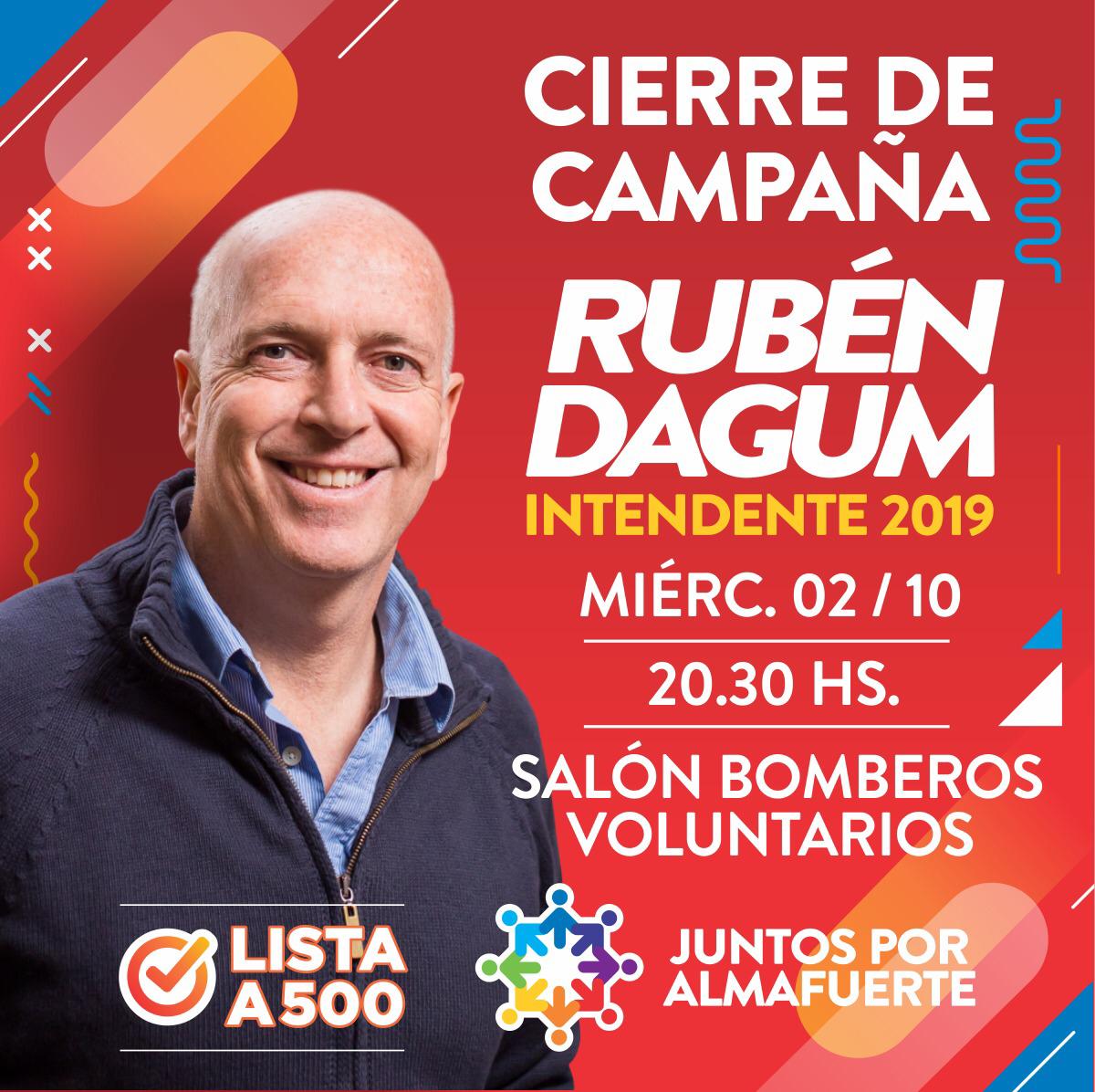 ¡CIERRE DE CAMPAÑA! 
Mañana acompañaremos al próximo Intendente de Almafuerte <a href="/RubenDagumOk/">Ruben Dagum</a> y todo su equipo. 
¡Por una Ciudad mejor!