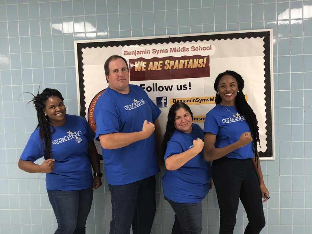 BenSymsMS's tweet photo. We are so excited to celebrate our Accreditation and the 100% Accreditation for Hampton City Schools!!! Our staff loved rocking their shirts today!! #SpartanStrong #WeAreHCS #100WeDidIt https://t.co/ZMbGBbH765