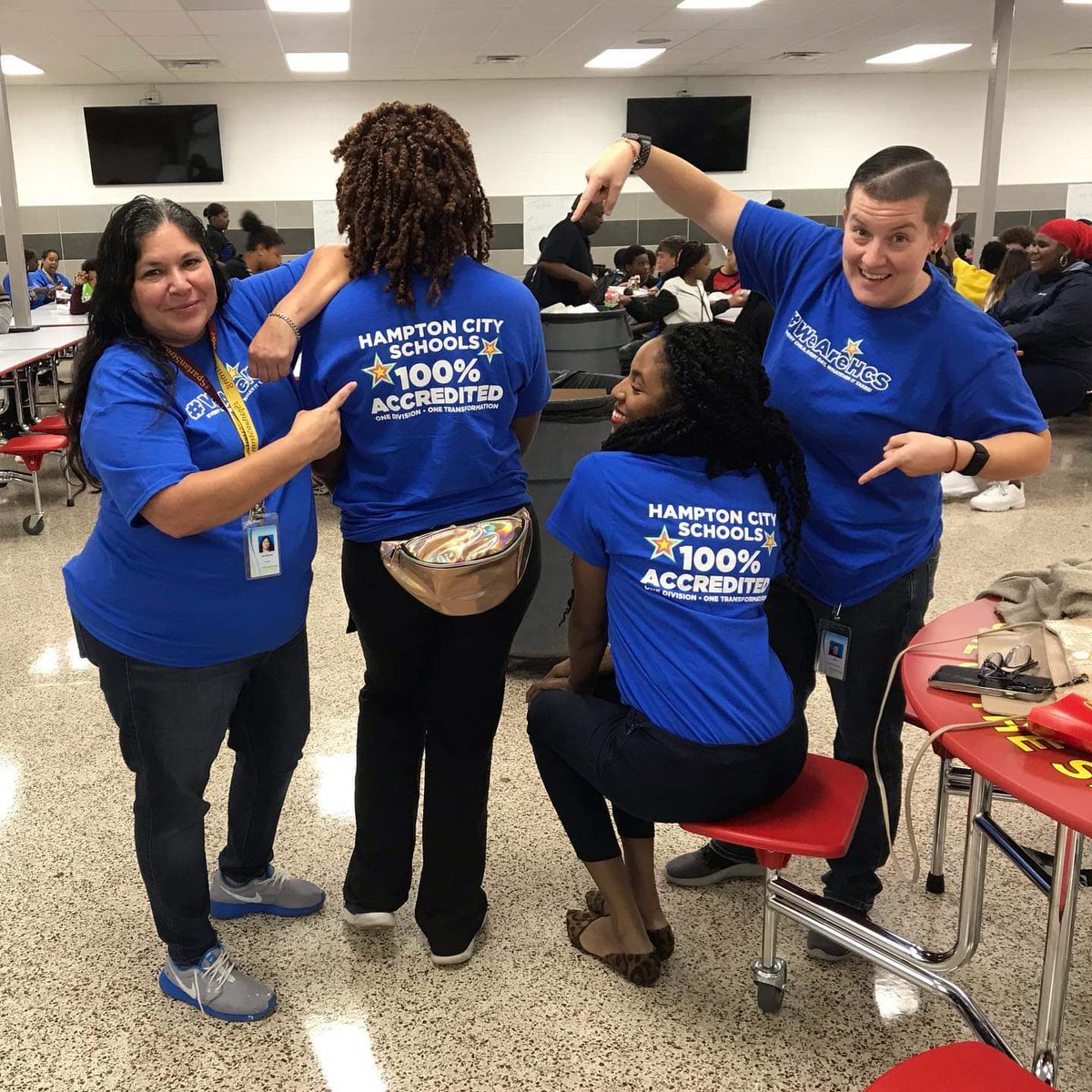 BenSymsMS's tweet photo. We are so excited to celebrate our Accreditation and the 100% Accreditation for Hampton City Schools!!! Our staff loved rocking their shirts today!! #SpartanStrong #WeAreHCS #100WeDidIt https://t.co/ZMbGBbH765