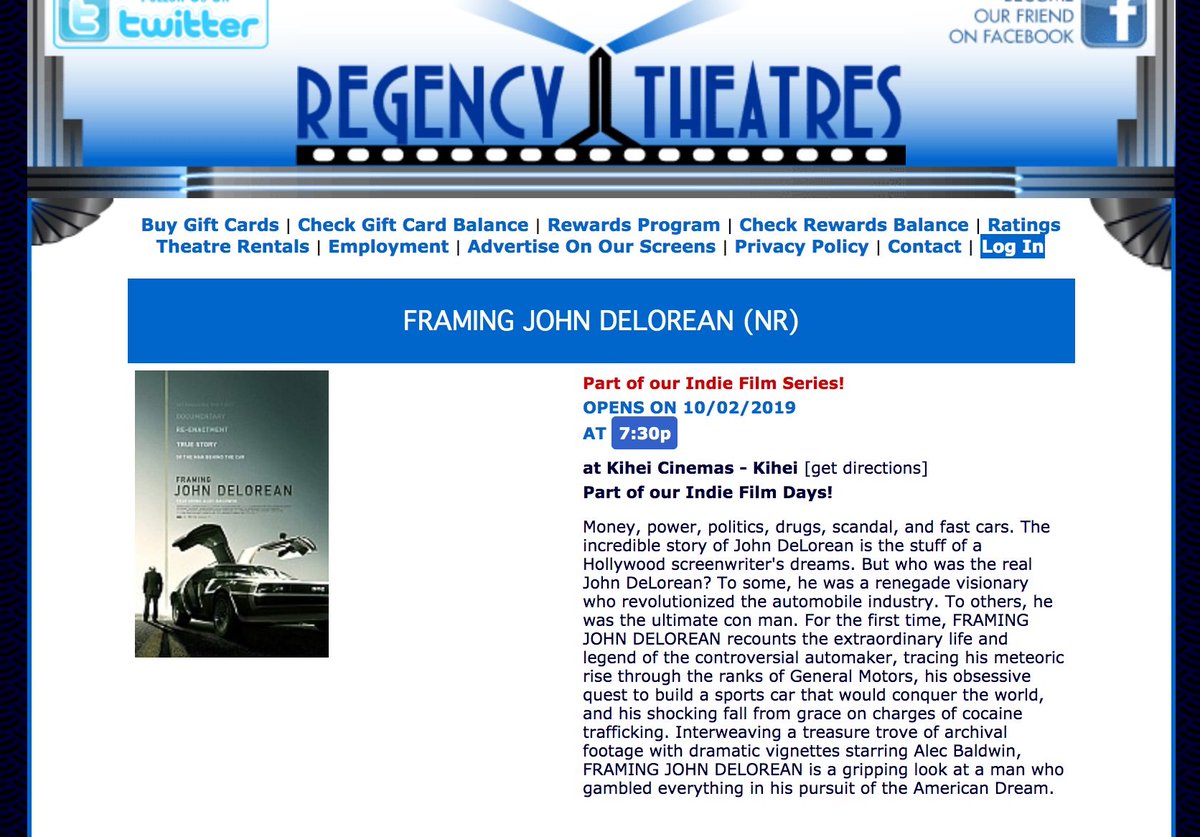 framingdelorean's tweet photo. DeLorean and movie fans in Hawaii.  The film is playing starting tonight for 3 days at the Regency Theatres at Kihei Cinemas.  A great opportunity to see it on the big screen and then pick up the Blu Ray for home viewing.  https://t.co/iGga5sFhPk https://t.co/ONdi5Y24gU