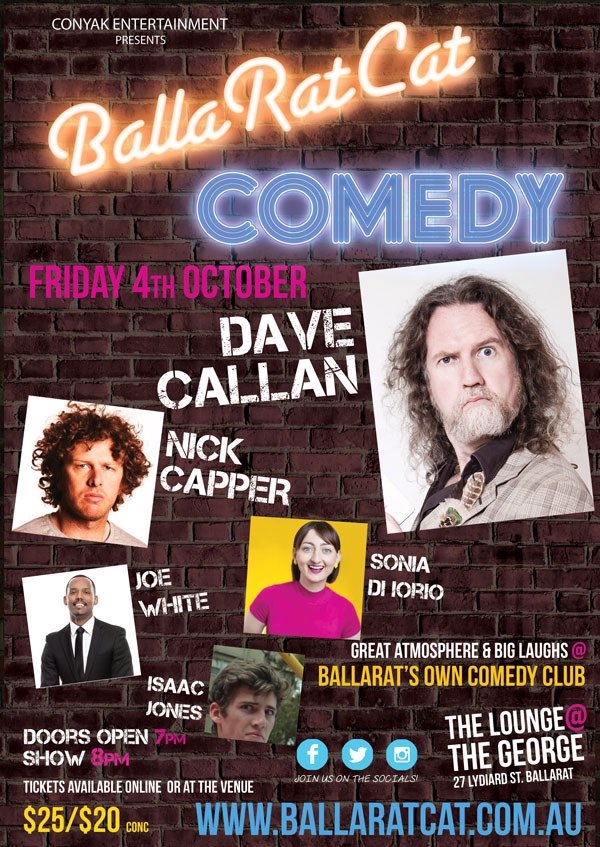 Join <a href="/davecallantwit/">Dave Callan</a> , <a href="/capperflapper/">Nick Capper</a> and more for a huge night of laughs in #ballarat at BallaRatCat Comedy THIS FRIDAY!
BallaRatCat.com.au