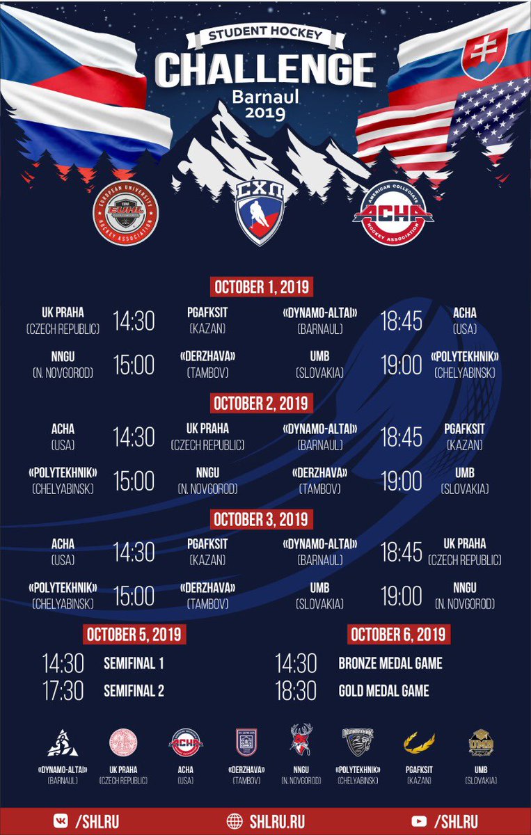 UCIceHockey's tweet photo. After a hard fought loss to open up their trip, the #ACHA Selects return for Game 2️⃣ in the Student Hockey Challenge EARLY tomorrow! 👍

M2 Selects (🇺🇸) 🆚 UK Praha (🇨🇿)

📅: Oct. 2nd
🗺: Barnaul, Russia
⏰: 3:30AM EST
💻: https://t.co/WaSVvEi7Ez

(Per @achamensd2)

#SHC2019 https://t.co/wUp6PNt3qs