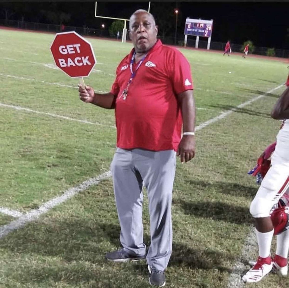 ZaneRockelman's tweet photo. Coach Don going to be hard at work this Friday night @home vs American Heritage Plantation 7pm kick off #defending19 ⚪️🔴 https://t.co/BUUzwfvhLs