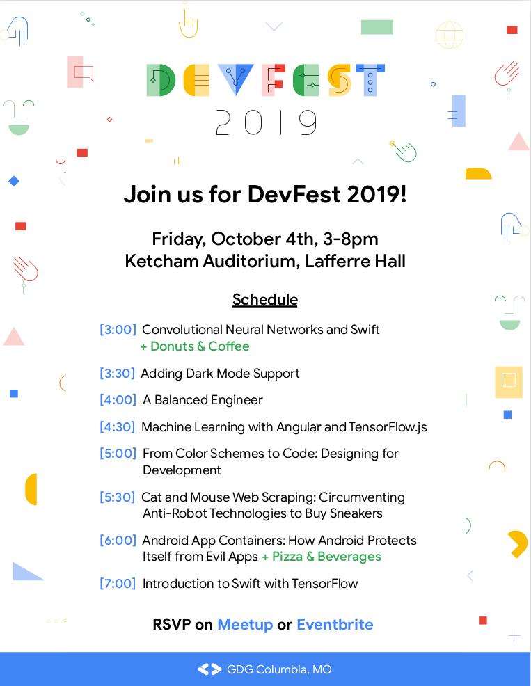mizzoucomputing's tweet photo. This Friday is the local CoMo DevFest! RSVP on Meetup or Eventbrite for free using the links below. Stop by and listen to a variety of talks throughout the day. https://t.co/OaVqKDjHcn