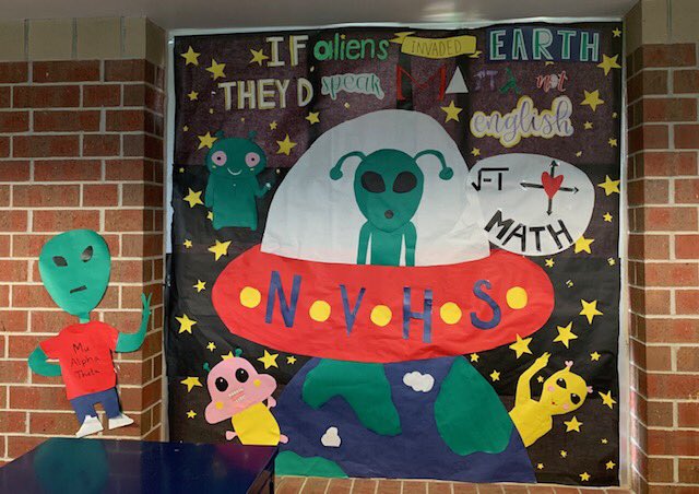 nvhsmat's tweet photo. Greetings, Earthlings! 
Had an awesome time building our hoco window display while speaking a UNIVERSAL language: math. 
Thanks to all who came to today’s meeting! 
#mathiscool @NeuquaValley https://t.co/2PncdnaLLM