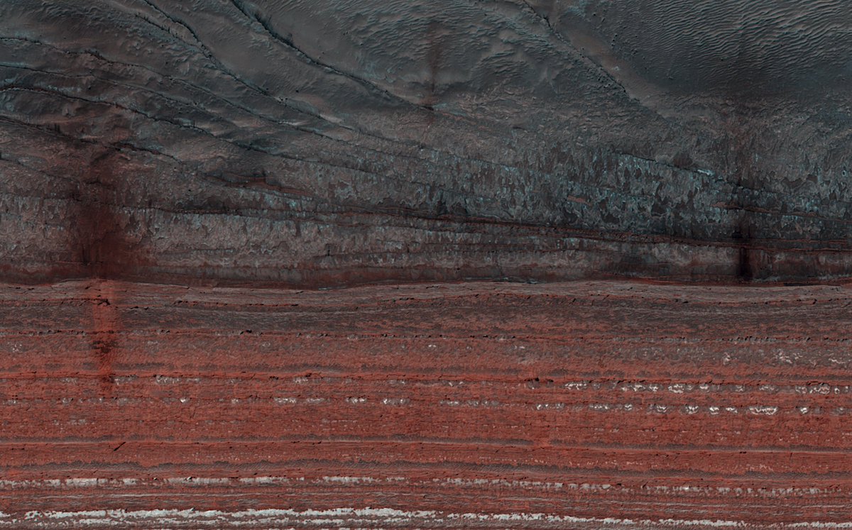 ASTROGBAE's tweet photo. Frost avalanches on the slopes of Mars' northern pole, Planum Boreum from the @HiRISE instrument #Mars #geomorphology #planets #astronomy 

NASA/JPL/University of Arizona /Gabe Brett https://t.co/Dvi0nWDDYS