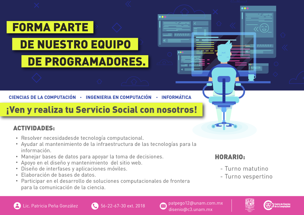 C3UNAM's tweet photo. Realiza tu #ServicioSocial en el #C3UNAM.
Buscamos: #artistas #diseñadores #fotográfos #videoastas #comunicologos #matemáticos #programadores #archivonomos #administradores etc. https://t.co/sAeQTFuKzl