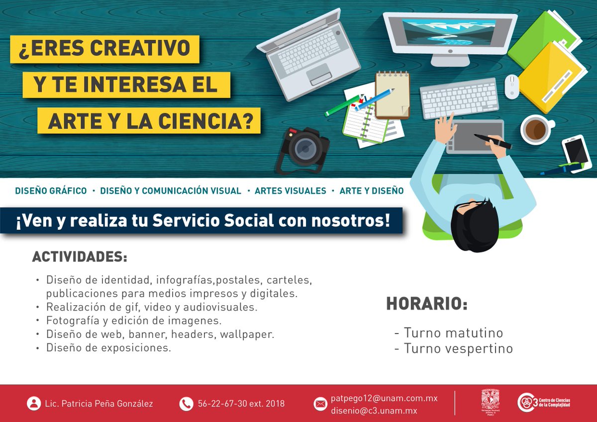 C3UNAM's tweet photo. Realiza tu #ServicioSocial en el #C3UNAM.
Buscamos: #artistas #diseñadores #fotográfos #videoastas #comunicologos #matemáticos #programadores #archivonomos #administradores etc. https://t.co/sAeQTFuKzl