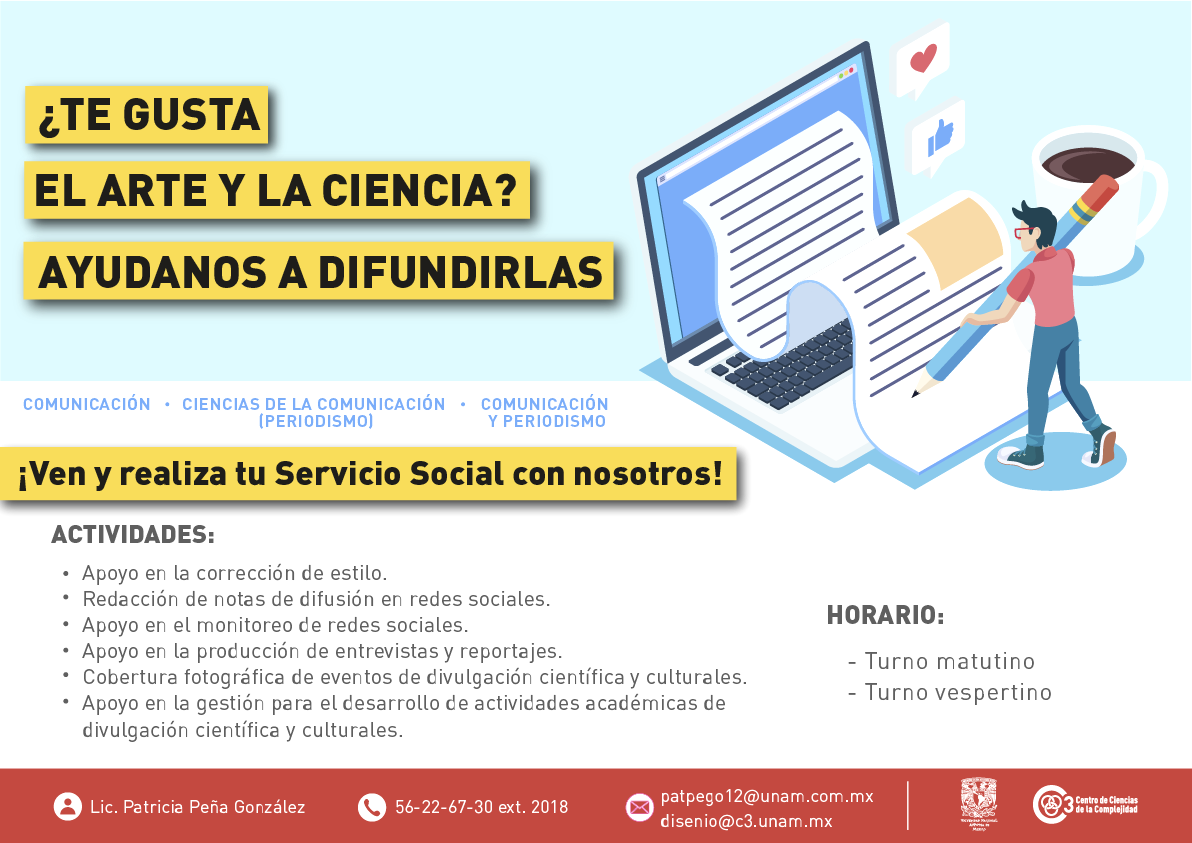 C3UNAM's tweet photo. Realiza tu #ServicioSocial en el #C3UNAM.
Buscamos: #artistas #diseñadores #fotográfos #videoastas #comunicologos #matemáticos #programadores #archivonomos #administradores etc. https://t.co/sAeQTFuKzl