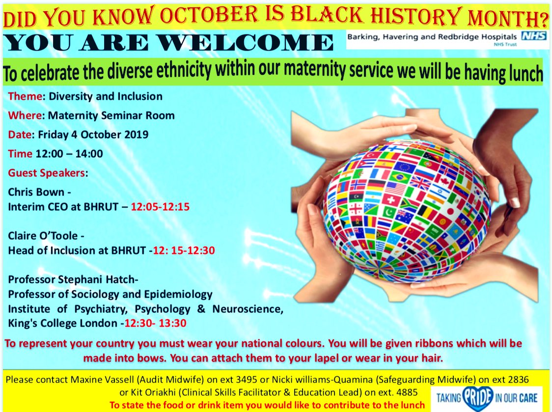 GallyHJ's tweet photo. Celebrating the diverse ethnicity within @BHR_hospitals maternity service as part of #BlackHistoryMonth All staff welcome for lunchtime event Friday. #BringADish @TeamMidwife https://t.co/YlPQk3vpJr