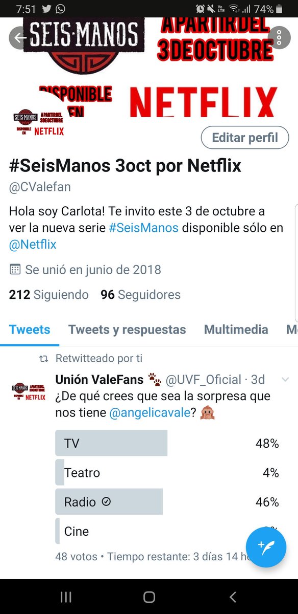 CValefan's tweet image. Con esta dinámica buscamos apoyar a nuestra hermosa @angelicavale en la promoción de la serie #SeisManos de @Netflix