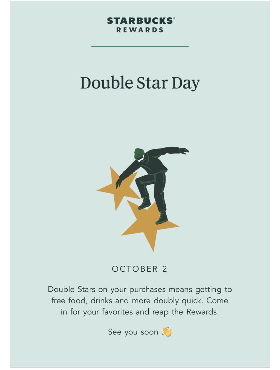 Tomorrow 10/02/19 is Double Star Day! 🌟 🌟 🌟 🌟
While shopping <a href="/Target/">Target</a>, don't miss the chance to earn some extra stars on your coffee!
#Target #Starbucks #Bakersfield #T0614 #StarbucksRewards #Coffee #IcedCoffee #IcedTea #ColdBrew #PumpkinSpiceLatte #Frappuccino #Halloween