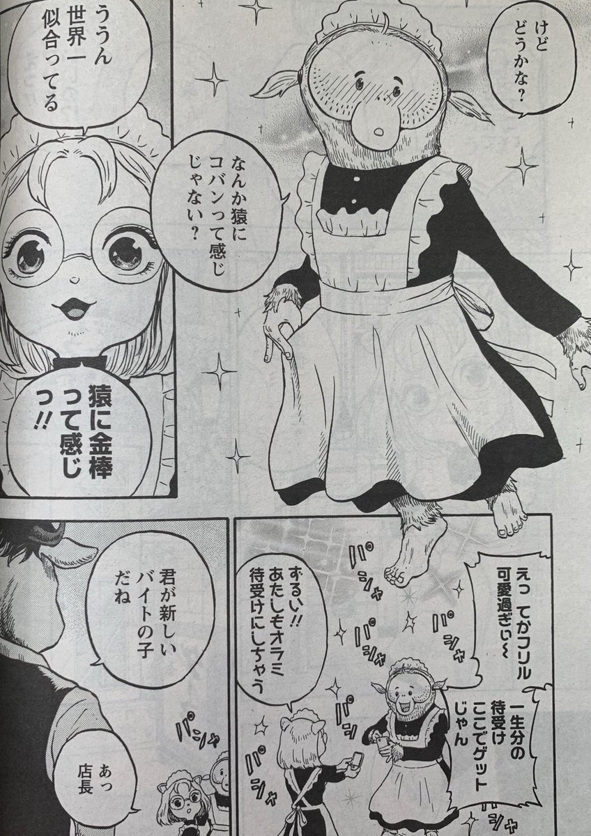 発売中の漫画アクションに愛しのアニマリア11話が載ってます!
ついにバイトを始めたオラミ!貴重なメイド服姿お見逃しなく! 