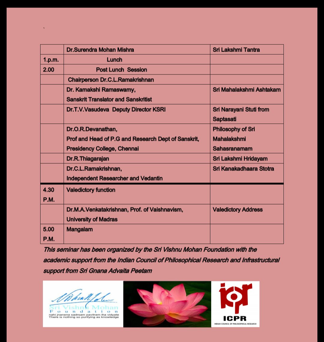 Presenting a paper on SrīSūktam tomorrow 3.10.19 at Sri Vishnumohan Foundation, Chennai sponsored by ICPR.
 Bhaagyam to do Devi Smaranam during this Navaratra period.