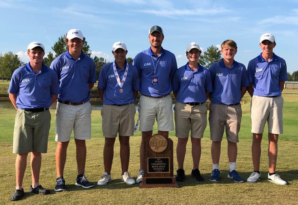 cak_golf's tweet photo. 3 PEAT 🏆🏆🏆 The CAK Warriors have won their 6th State Championship in program history by 25 shots! Legendary coach @shnikens has been at the helm for ALL six of those!! Congratulations Aaron, John, Kaleb, Eli, Ben, and Jackson! https://t.co/pfO98TYbki