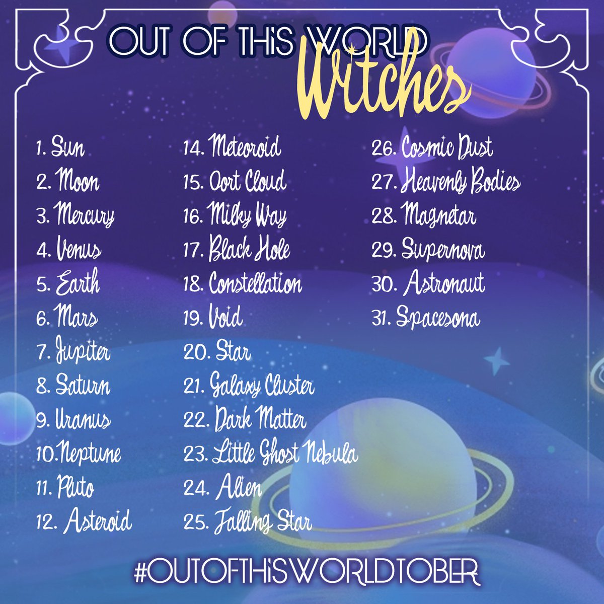 _AshleyintheAM's tweet photo. My prompt list for this year is "Out of this World" Witches! ☄ Follow along and post your own pieces using this prompt with the hashtag #outofthisworldtober here on twitter or on instagram! Now let's get witchy! 🎃 https://t.co/Y8FmrckRg9