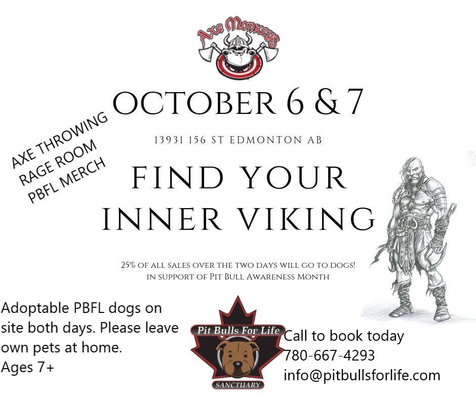 coco_knowstruth's tweet photo. It’s officially #pitbullawareness month #Yeg come help support @PitBullsforLife and meet some of our adoptable #pitties at this #yegevent check out our Facebook for times. #yegtraffic #yegbot #adopt #axeroom #rageroom #familyfun @AxeMonkeysYeg hosting the two day event. https://t.co/vHT6780oC7