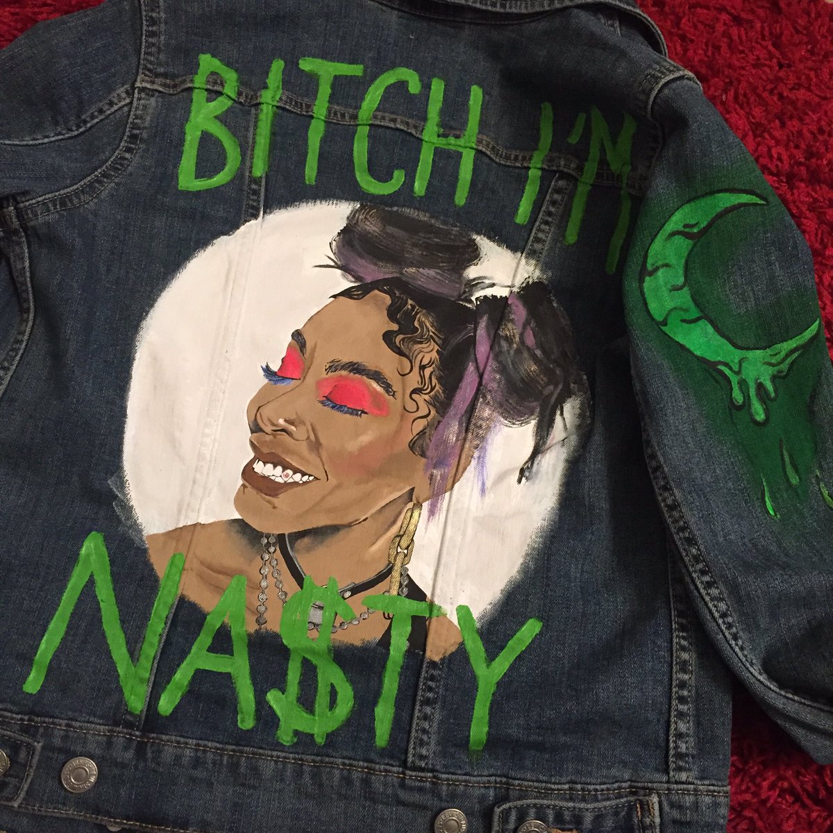 createamoon_'s tweet image. BITCH I’M NASTY‼️ Custom handpainted Rico jacket 🎨🤮😭😍  @Rico_nastyy ✨🌙 
#customcreator #customjacket #riconasty #nastymob #handpainted #customart  #handpainted #masterpiece #dmv #angermanagment #gallery #artsandcrafts #dmvartist