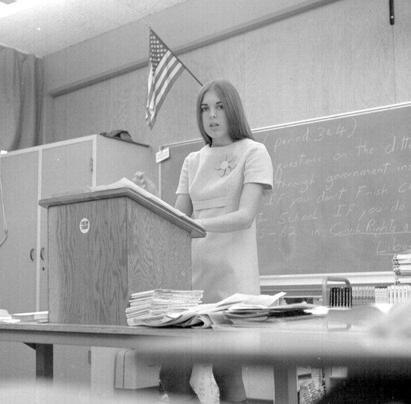 digitalteacher's tweet photo. A2: #AppleEDUchat - Here I am - in 1969🙂. I no longer stand in front of the class behind a podium.  Active teachers move to the students. https://t.co/CcaOvzgduM