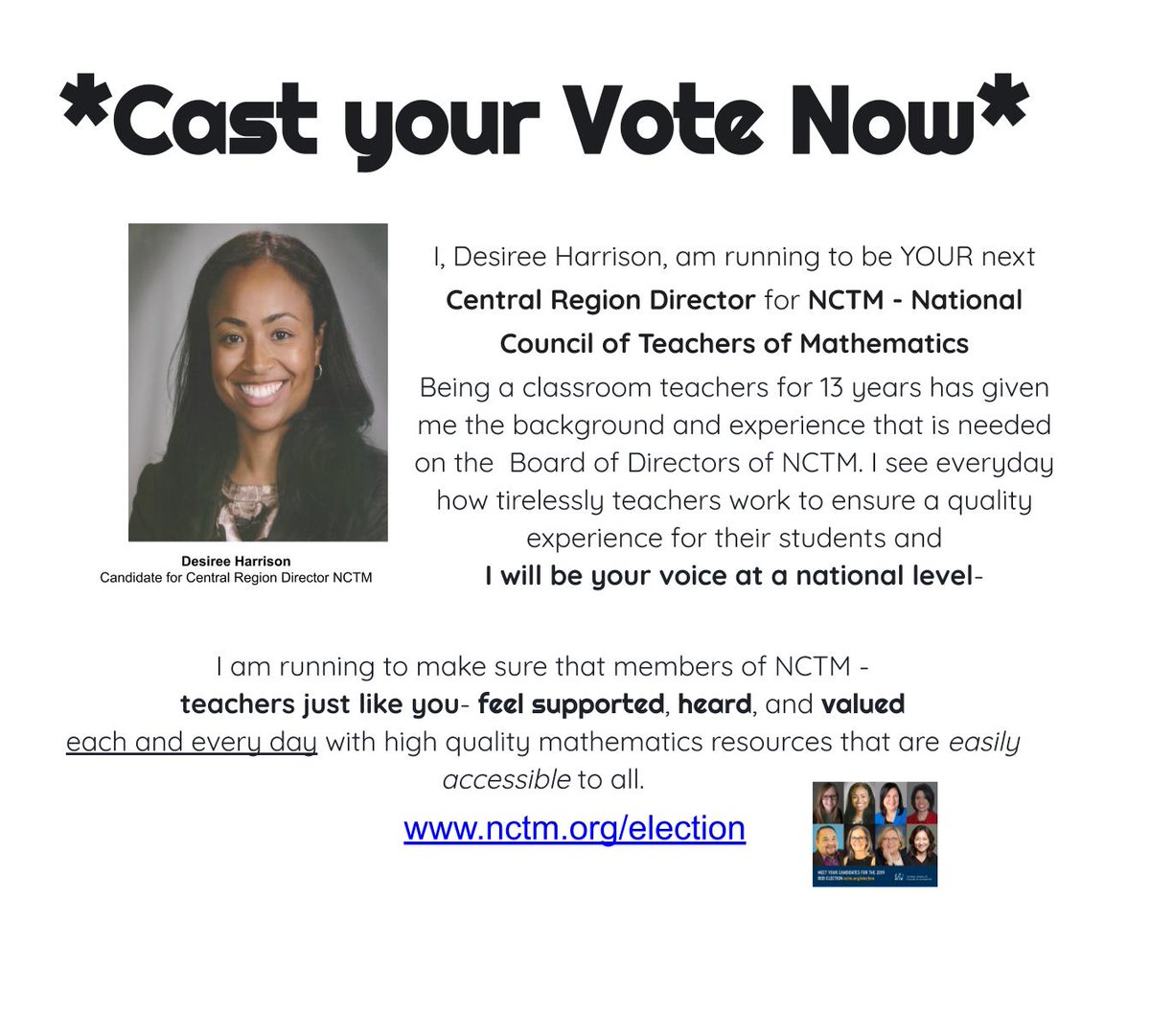 Kidsmathtalk's tweet photo. The #NCTM elections are happening now! Have you cast your vote yet? https://t.co/c0ycgpf0rr #educoach #teacherfriends #elemMathchat #mathchat @waynestatecoe #octm #txed #coachingcollaborative https://t.co/qn4Xg9oX9Y
