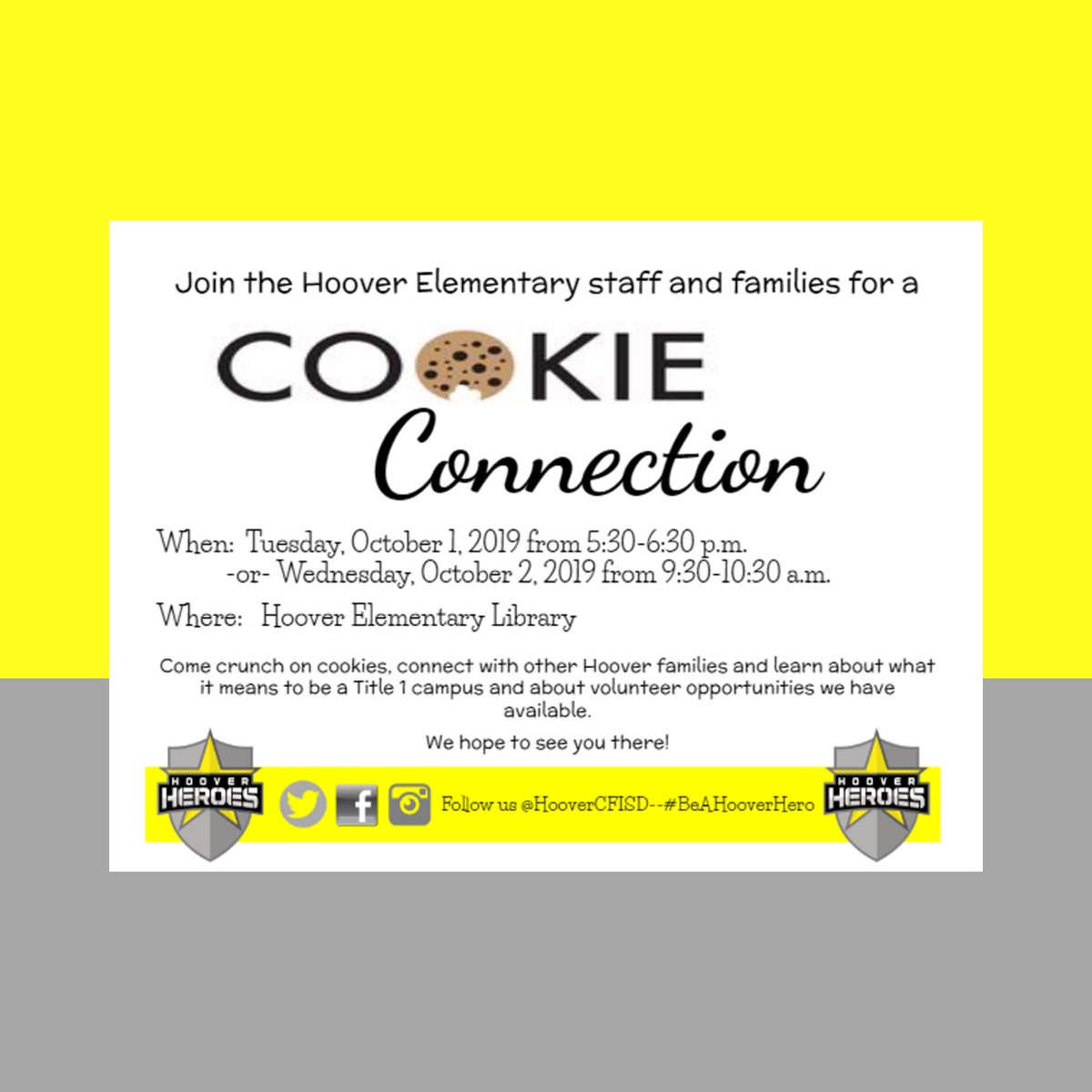 HooverCFISD's tweet photo. Started the day with #heroofthemonth & ended it with our #cookieconnection. We had 44 families join us tonight to learn about title 1 funding & volunteer opportunities @HooverCFISD. We have one more meeting tomorrow & we hope to see you. #BeAHooverHero #CFISDSpirit @CyFairISD https://t.co/XEVZxRRo4o