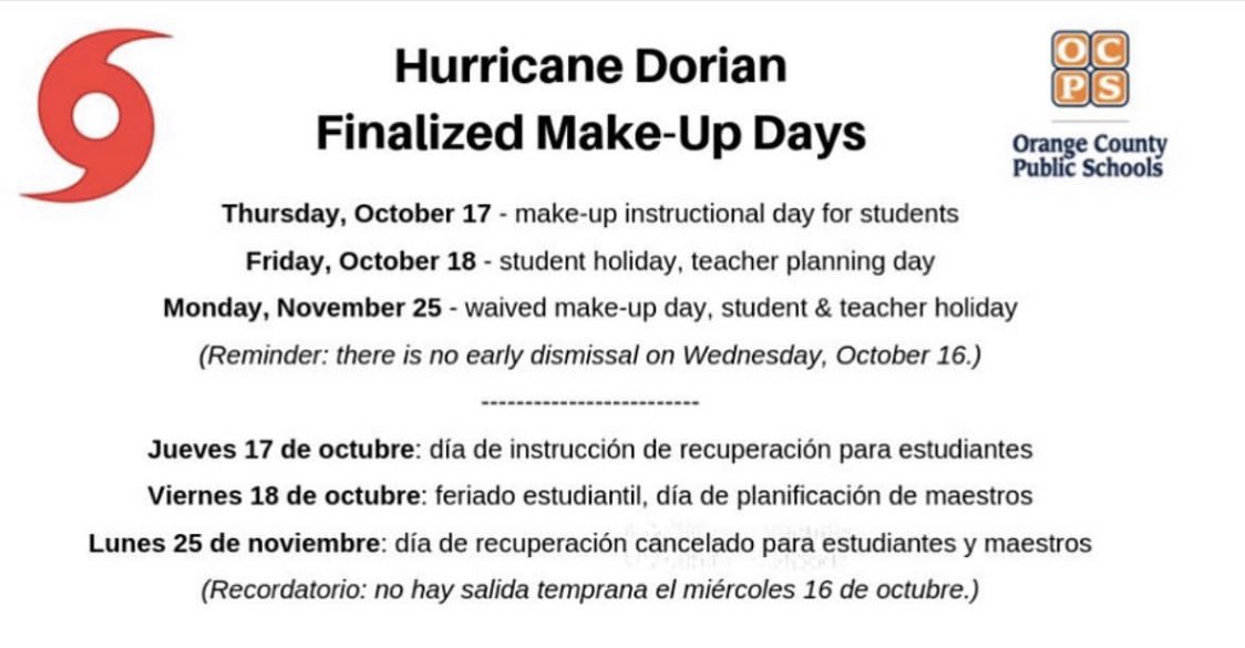 Hurricane Dorian makeup days are finalized! 🐾 mark your calendars!