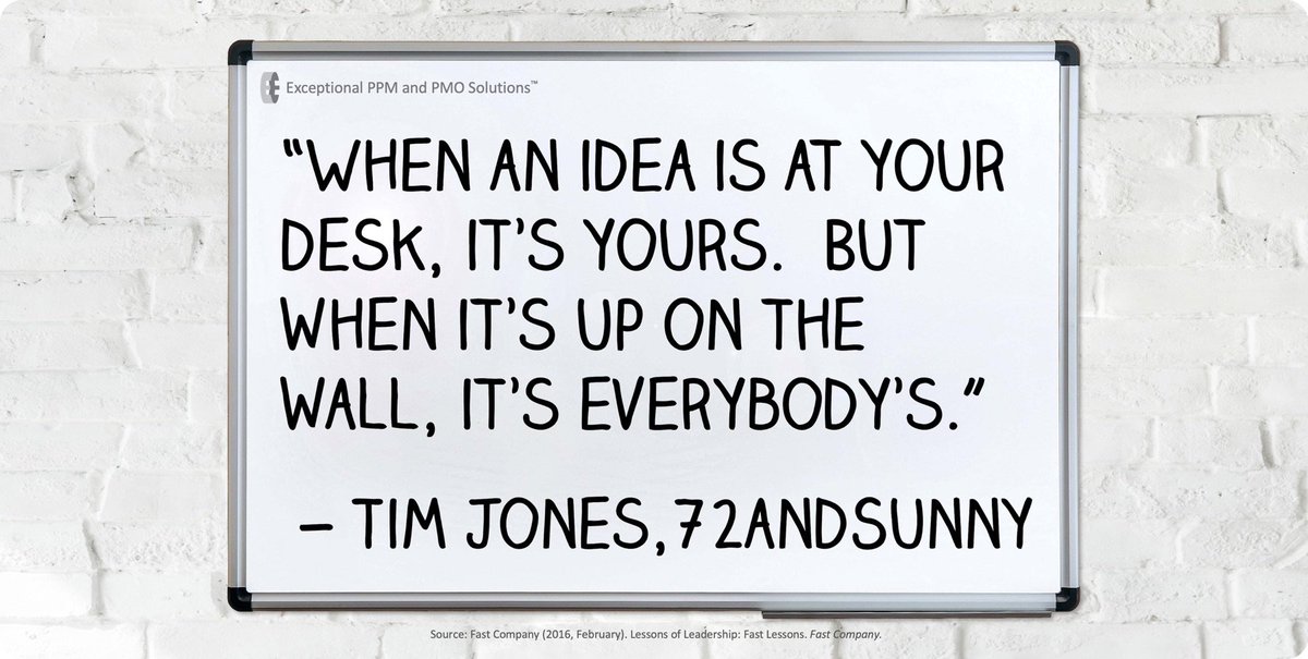 AgileScrumGuide's tweet photo. “When an idea is at your desk, it’s yours. But when it’s up on the wall, it’s everybody’s."

— Tim Jones, 72andSunny

#idea #ideation #IdeaMgmt #innovate #innovation #transparency #project #agilepm #projectmgmt #putitonthewall #projectmanagement #product #visible #visibility . https://t.co/iqp2t8Gx85