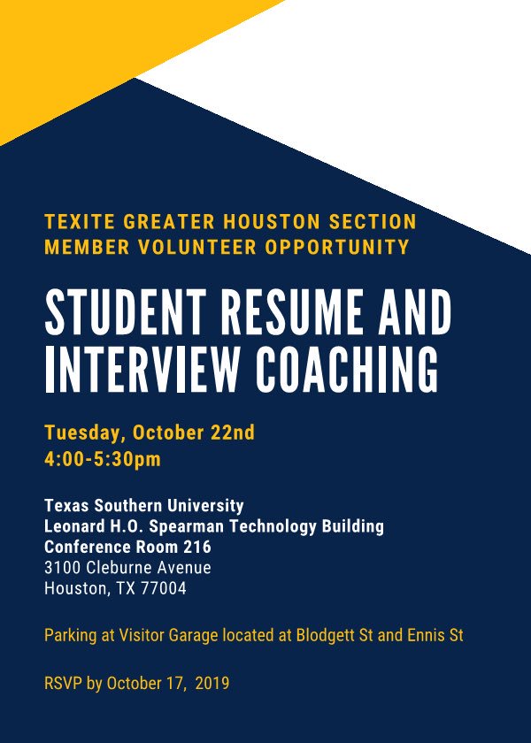 yubrani_wpm's tweet photo. The @TexITE Greater Houston Section has teamed up with @TexasSouthern University to provide a Student Resume and Interview Coaching Event. We are asking for volunteers to help our future #transportation engineers! #texitehouston #texite
Register here! https://t.co/2aUhO9thS7 https://t.co/DExYBp5Mto