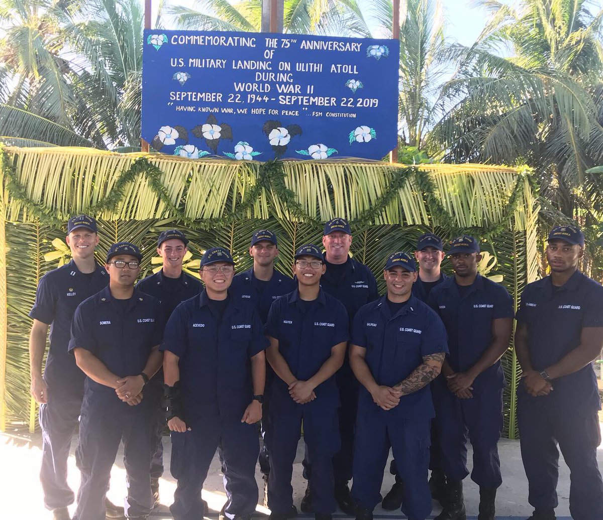 USCGOceania's tweet photo. We’re honored to observe the 75th anniversary of the liberation of Ulithi during WWII alongside our friends and partners from the Federated States of Micronesia, the U.S. Embassy and the U.S. Navy!

More: https://t.co/jyFzrOBAze

#BluePacific #Partnerhsips #TeamUSCG #WeAreD14 https://t.co/AlffPDPDgY