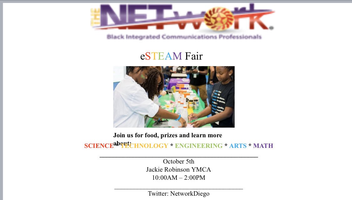 NetworkDiego's tweet photo. This Saturday come out & bring the kids!! Our 1st eSTEAM fair! #stayready #tugglenation #solizstrong @shontaya0801 @LaTanyaMac23 @bootsiebygigi @altosistah @GinaK79 @beautybytraloni @SDXcalilove @Sd10Chris @TheNETwork_ATL @TheNETwork_Natl @TheNETworkATX @TheNETwork_OKC https://t.co/wZeqDZndfx