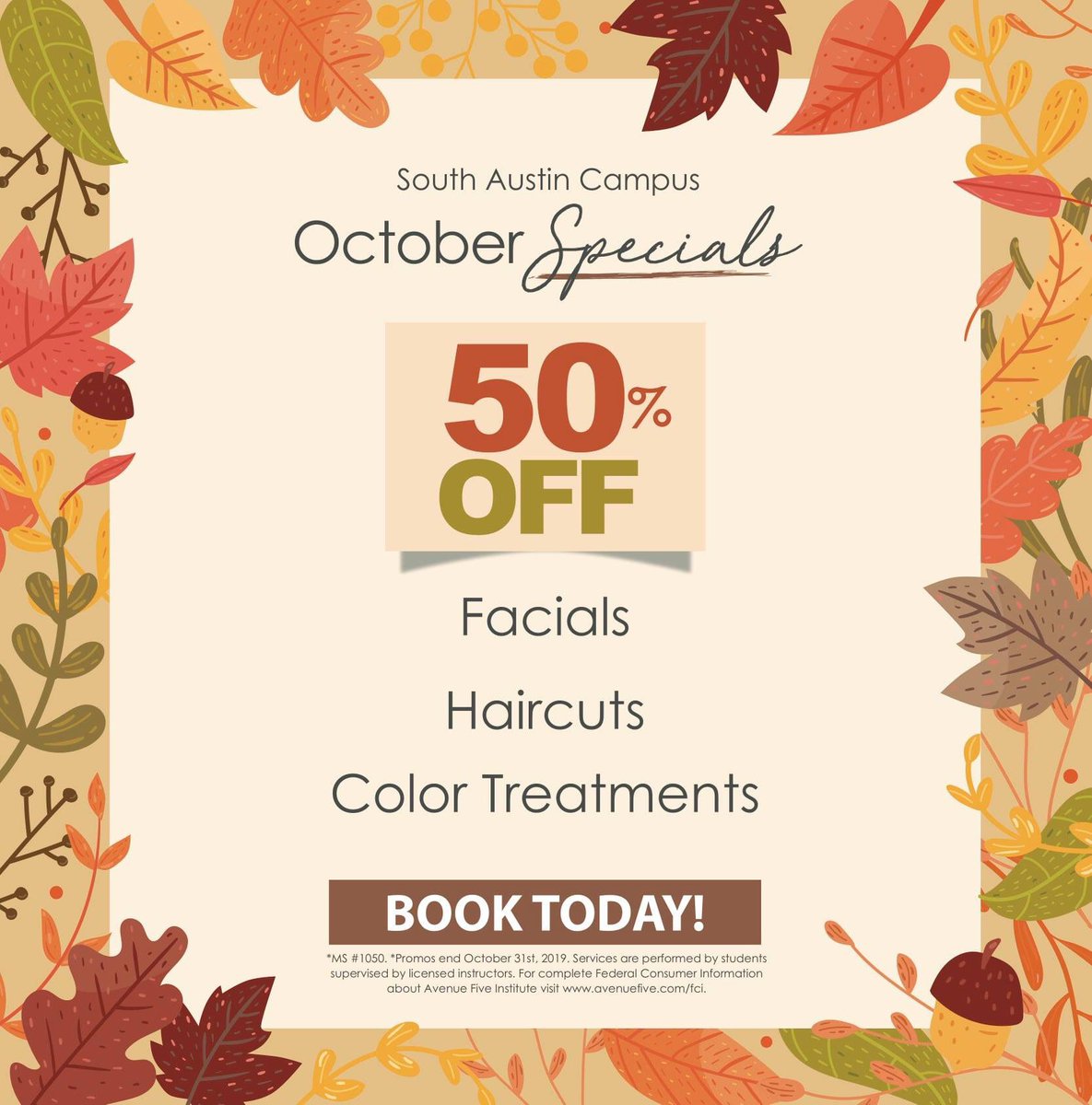 What are you up to this fall?🍂We hope visiting us soon is in your plans! Call us today at (512) 968-2835 to book your appointment, or visit avenuefive.edu to request the appointment online.