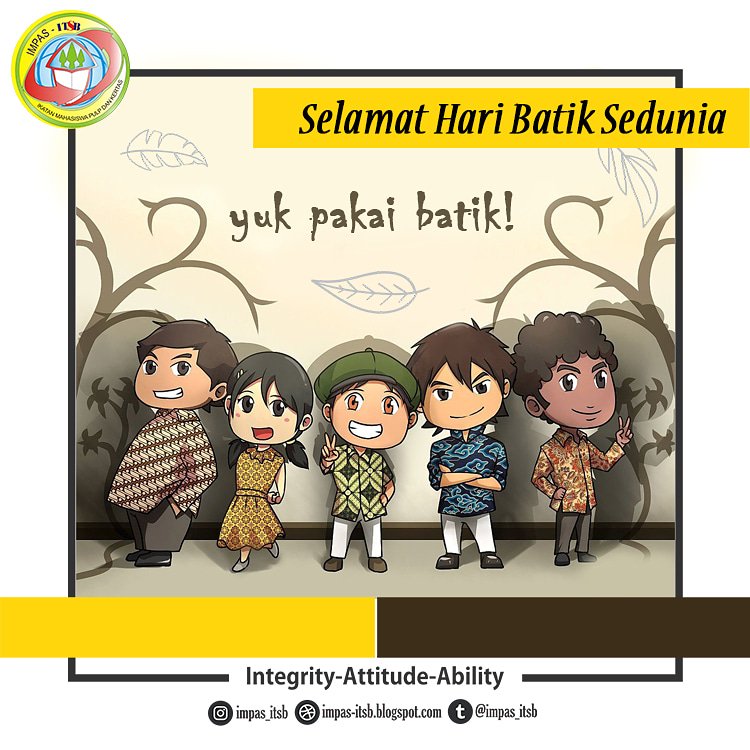 Batik adalah seni kerajinan tangan yang digambar pada kain dengan motif cantik. Mari lestarikan batik sebagai warisan bangsa Indonesia dengan terus mengenakannya dan memperkenalkannya.
Selamat Merayakan Hari Batik Nasional (HBN) 2 Oktober 2019.
#HariBatikNasional #yukpakaibatik