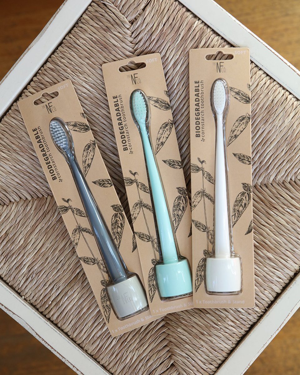 NaturalFamilyCo's tweet photo. Our range of biodegradable toothbrushes #monsoonmist #rivermint and #ivory are made from 100% cornstarch with resin stands to look super sleek in your bathroom. (Brush and packaging take approx 1 year to break down in your home compost  #feelgood #planetfriendly #zerowaste #eco https://t.co/WfzoXTyLoG
