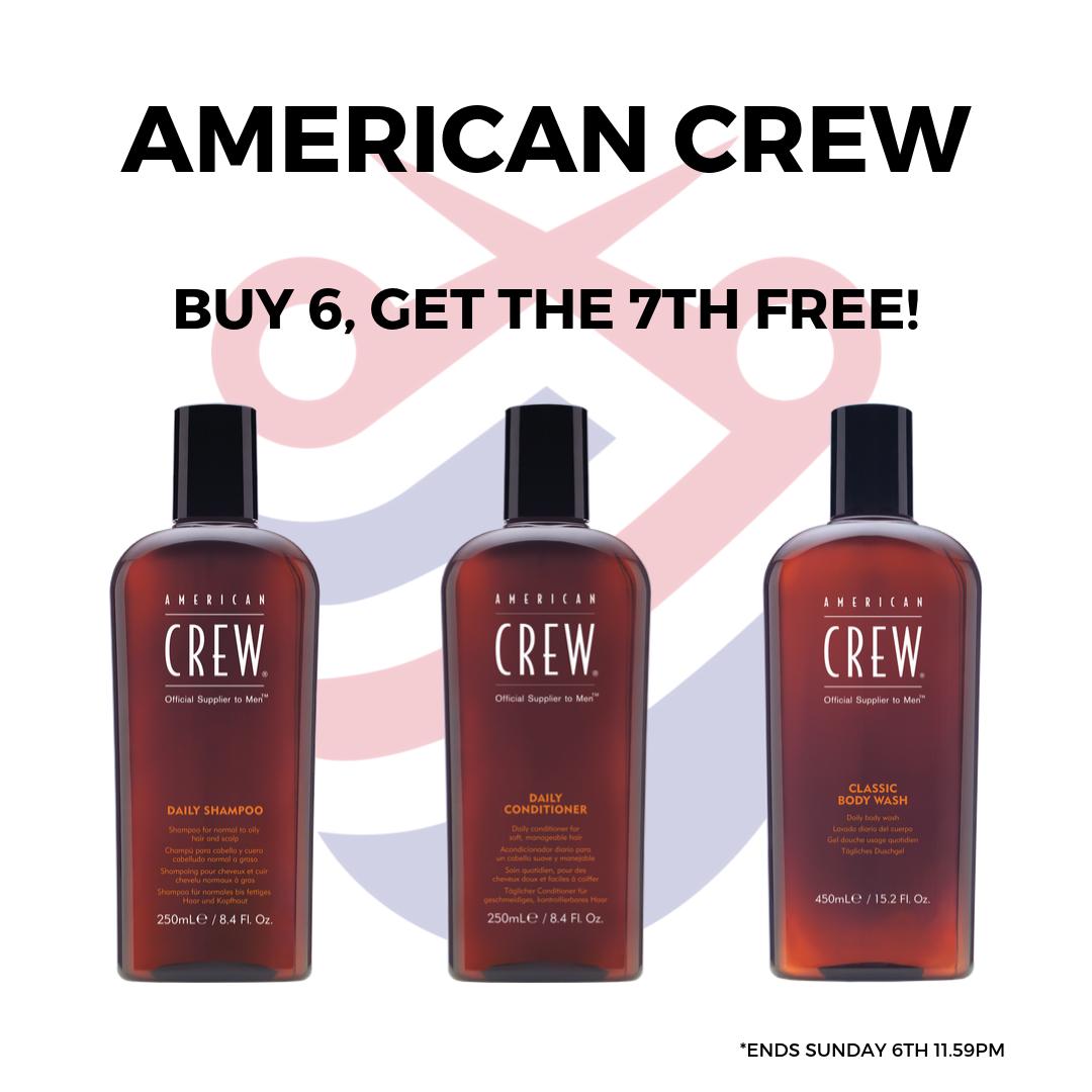 TheBarberco's tweet photo. #americancrew shampoos and conditioners are a great addition to any barber shop. Already got them? Great! Buy any 6 #americancrew products today and get the 7th free! #mensgrooming #meninstyle #barbersupplies #mensstyle #barbershop #barber https://t.co/qJOSa91B8o