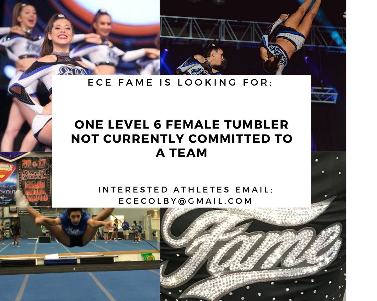 ECE_CT1's tweet photo. Fame, our extra small coed 6 worlds team is looking for one elite Level 6 female tumbler to complete our roster.
Interested athletes please email ECEcolby@gmail.com #ece #proudtobeECE #cheer #extrasmallcoed #xsc6 #allstar #allstarcheer #theworkisworthit https://t.co/WfB8b3UGHe