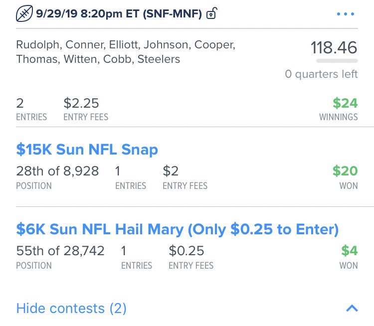 datdfsdude23's tweet photo. #nfl #dfs week 4 was another good one and the mon-thur slate is doing very good to! 💰💰 https://t.co/1IOAs1PEZf