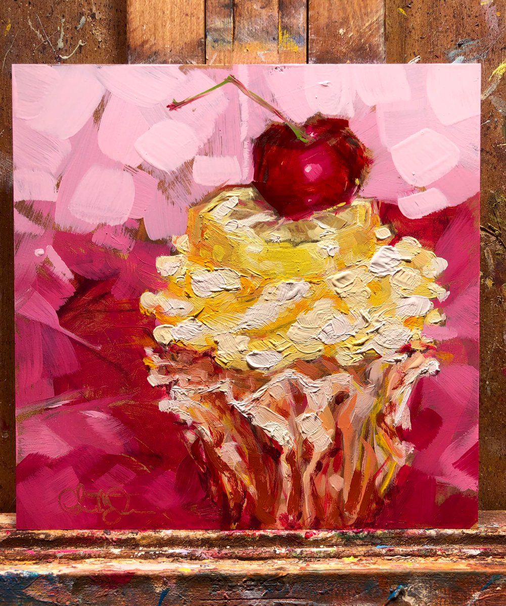 Draughts_Woman's tweet photo. “Cherry Lemon Swirl,” ooo lala! #OffTheEasel - 6x6, #oilonpanel. This work started as a little tea cup; possibly short, very stout and completely not working out! 
__
#artist #fineart #makersgonnamake #cherries #lemons #cupcake #visualart #studiotime #studioartist #studioart https://t.co/0XiWUYOxSL