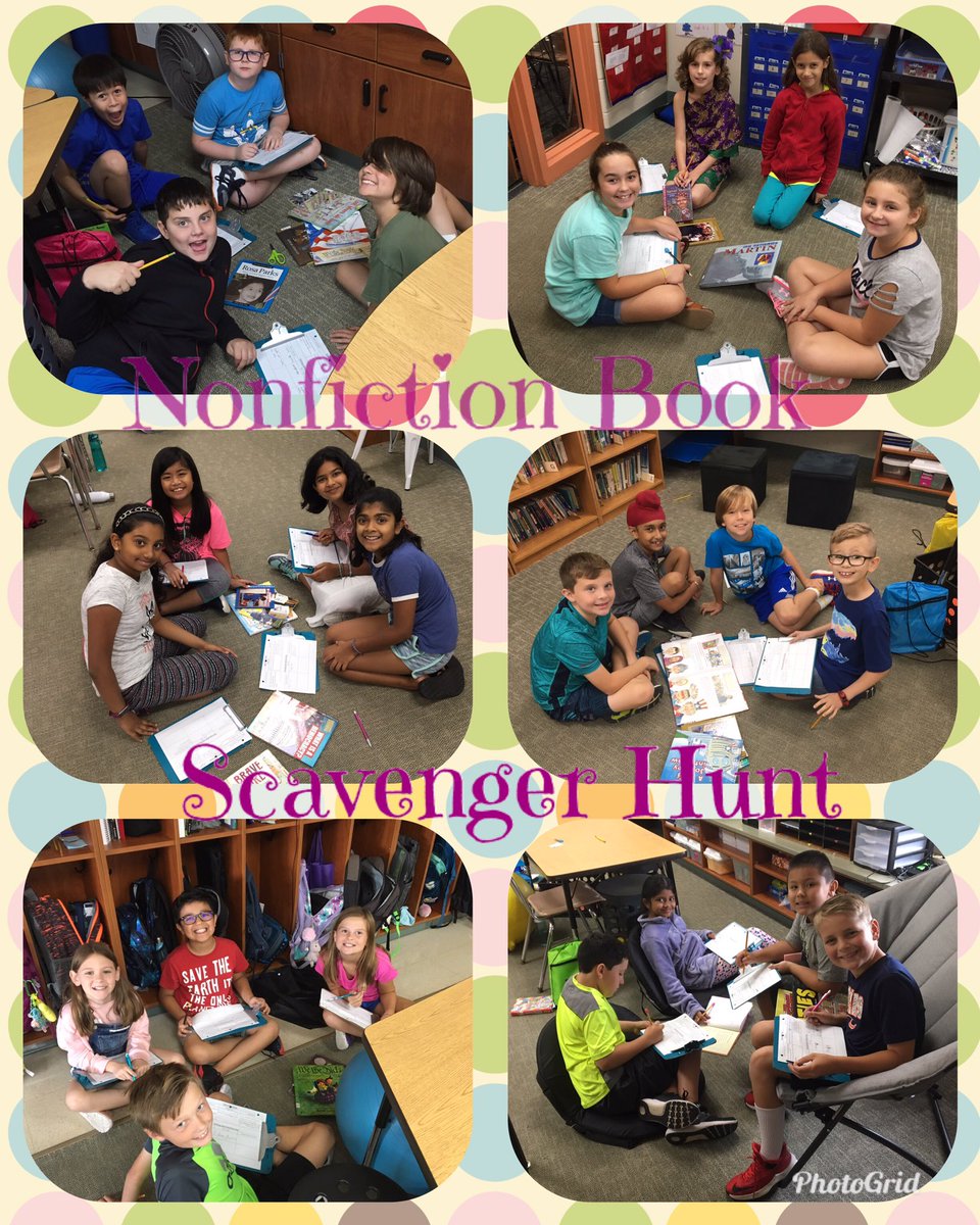 Superb4thGrade's tweet photo. Today in reading the students went on a nonfiction book scavenger hunt to figure out the genres books. They had some awesome conversations. #conley158 #team158 https://t.co/89lENAtHJF